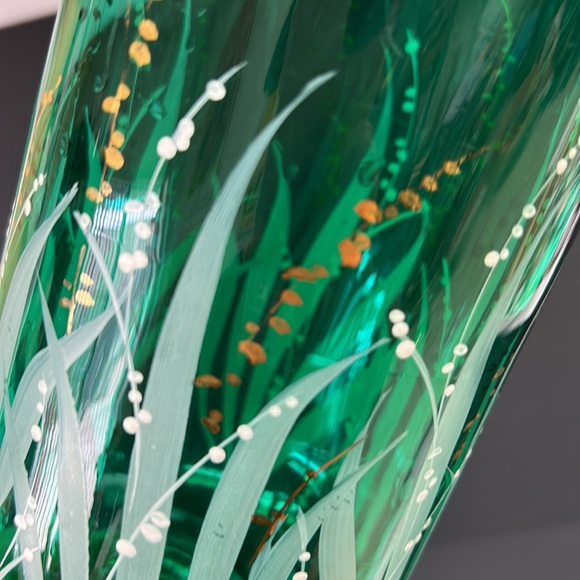 Vintage bohemian glass tall footed decanter with painted lily of the valleys - Picture 8 of 15